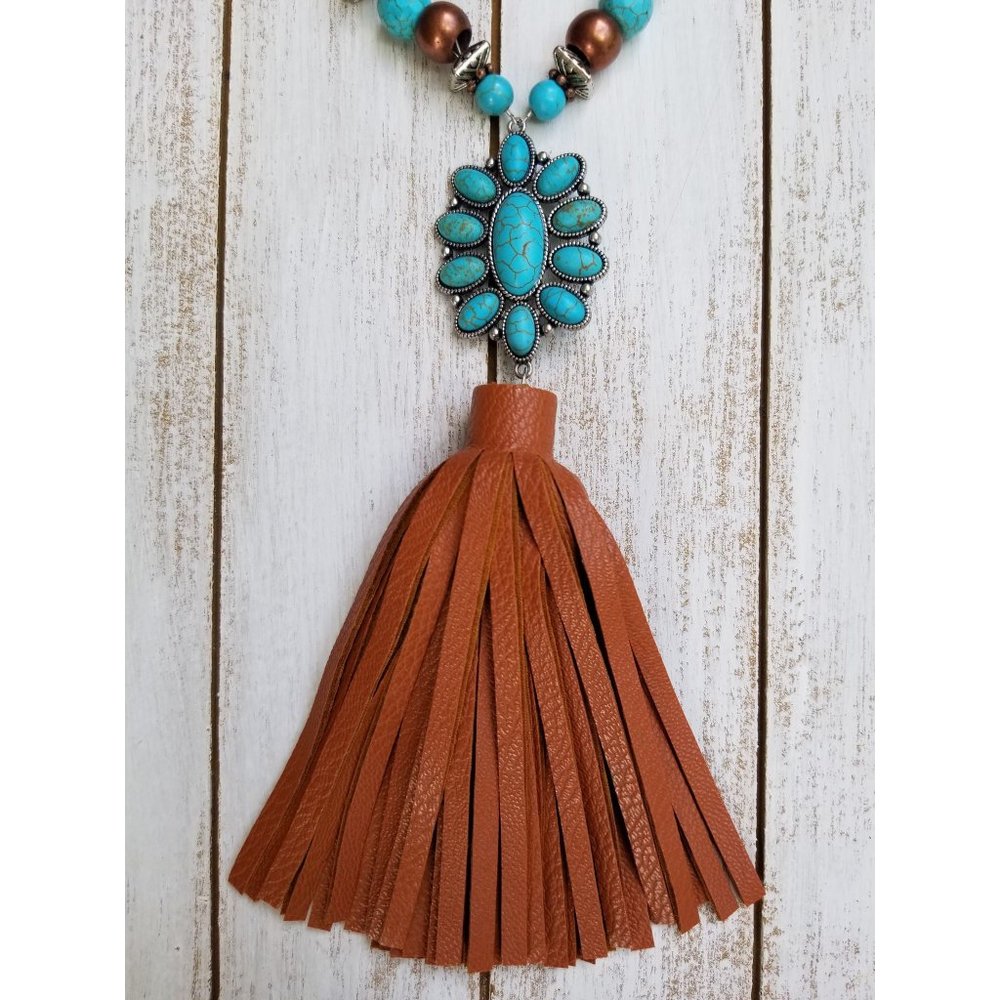 Necklace Earrings Squash Blossom Faux Leather Turquoise Copper Silver Beads - Picture 8 of 9